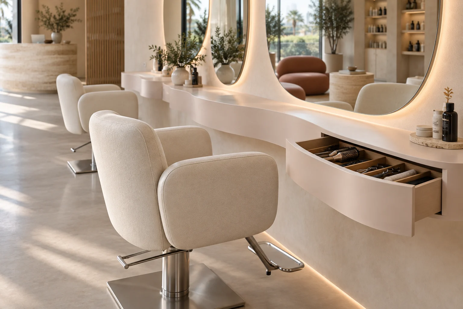 Organic salon mirror above a curved blush console with storage