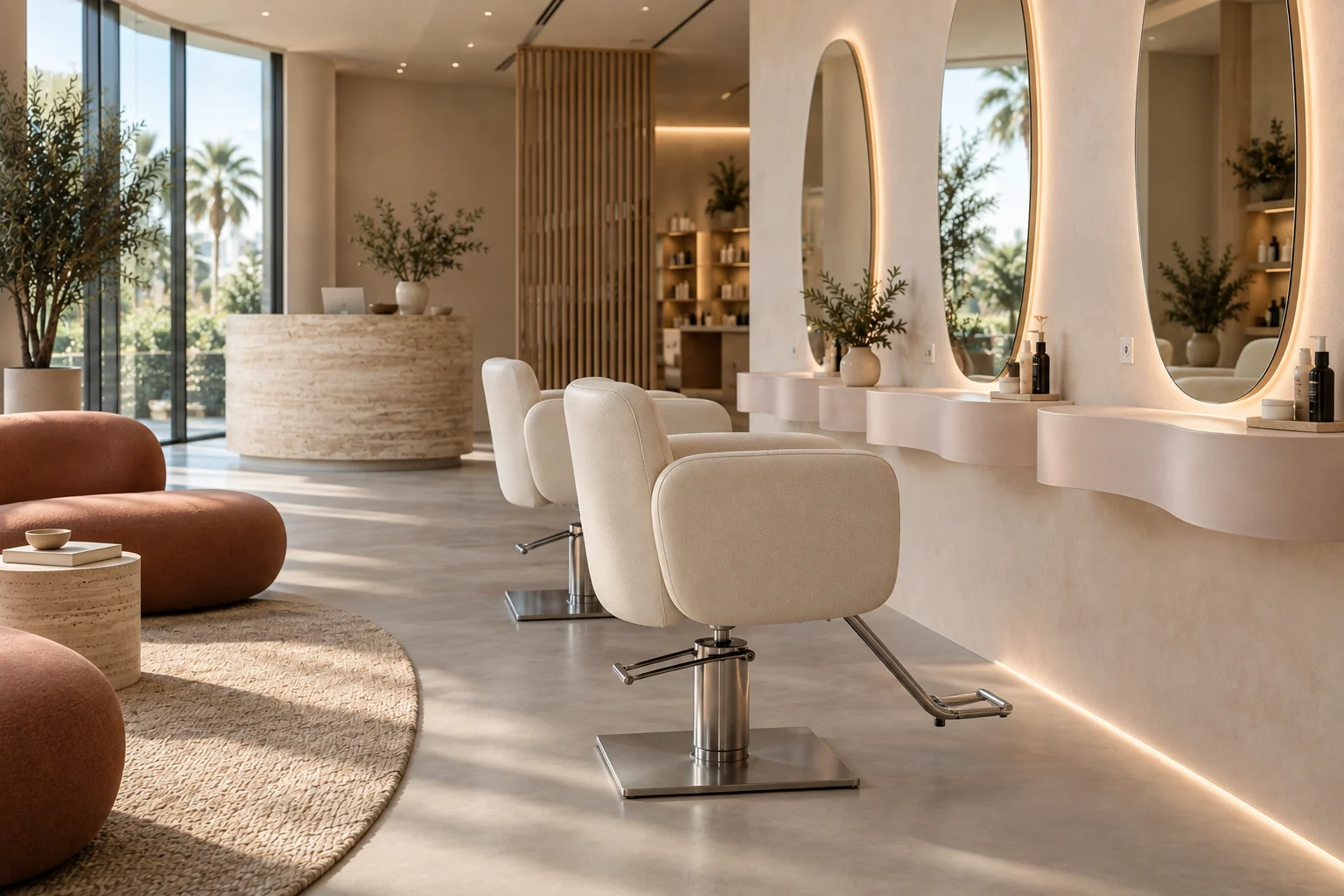 Cream panelled hydraulic salon chairs beneath organic mirrors