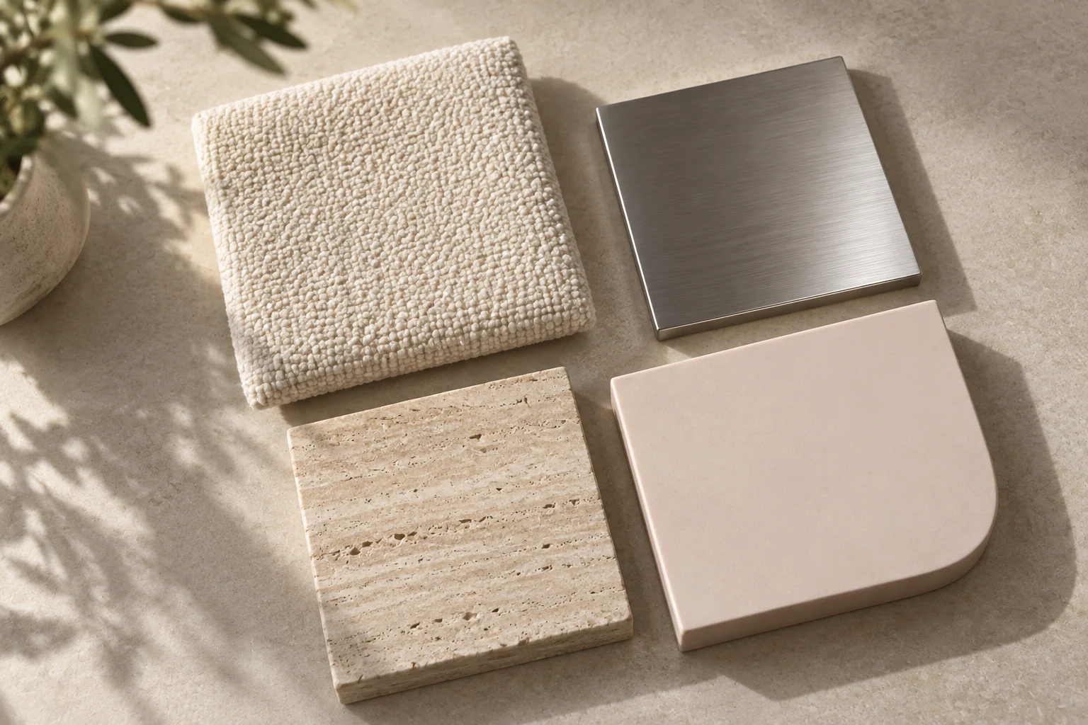 Cream upholstery · Blush solid surface · Terracotta upholstery · Travertine physical material sample concept board