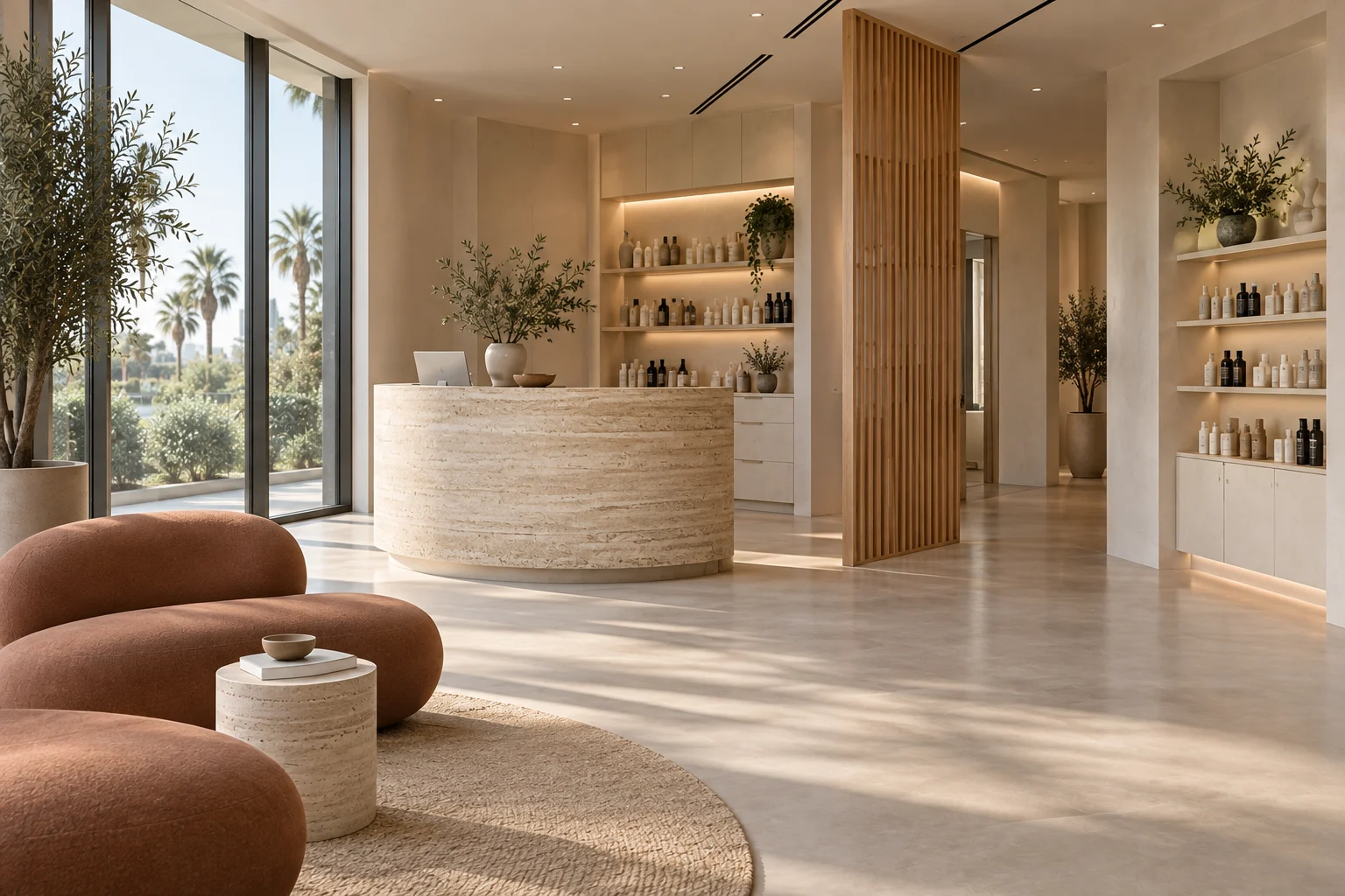 Terracotta sculptural waiting seats and rounded travertine salon reception