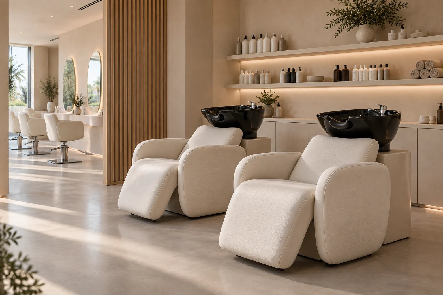 Cream salon wash seating with dark ceramic shampoo basins