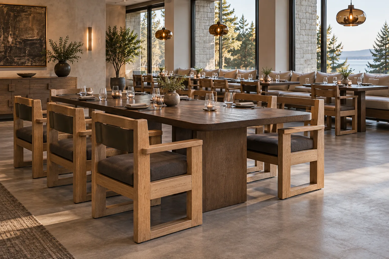 Alternative view of a sculptural timber restaurant with broad oak armchairs, long blade-leg tables and straight oatmeal dining sofas