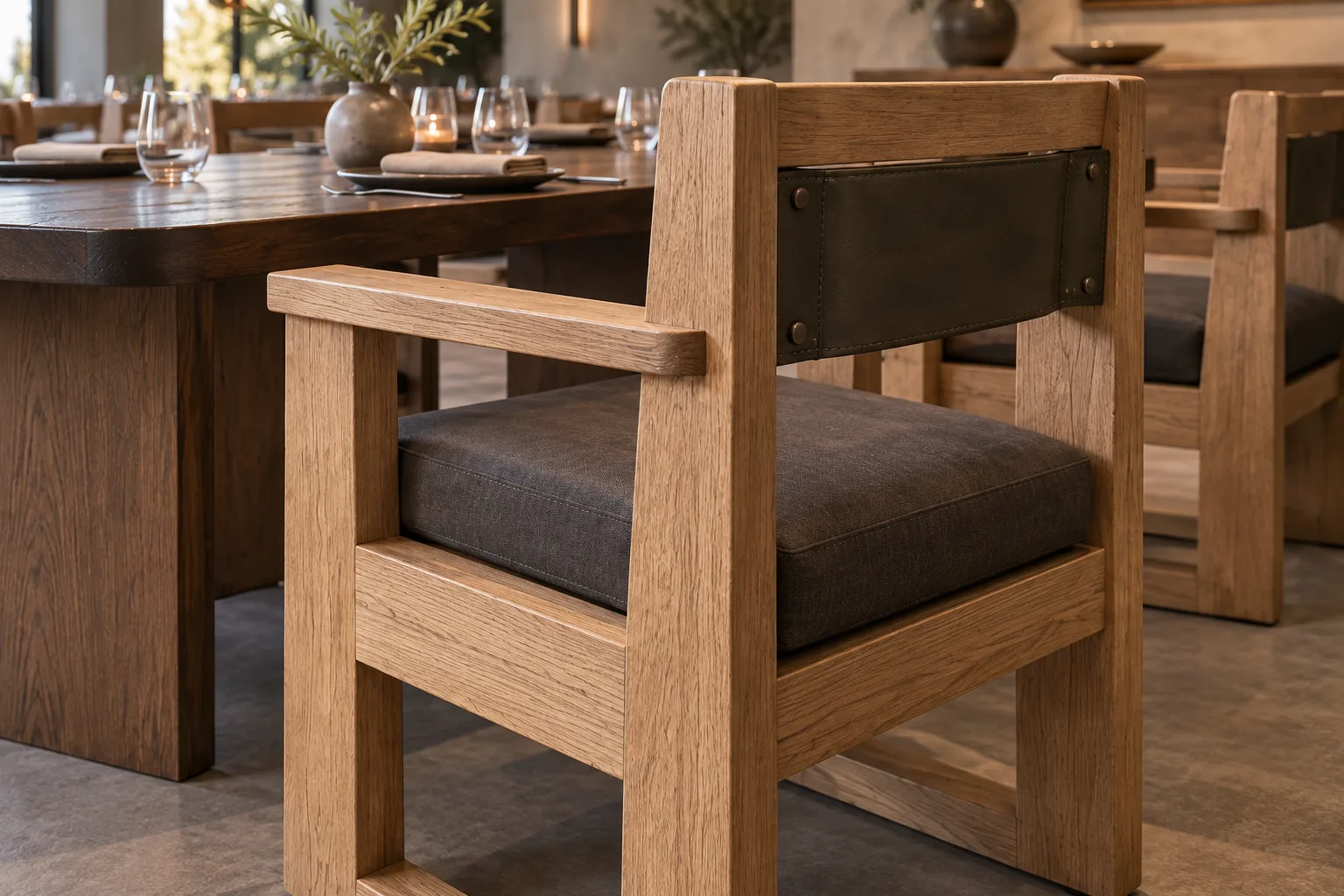 Close view of a broad oak restaurant armchair with a portal-shaped open back, olive leather strap, flat armrests and planar timber side frame