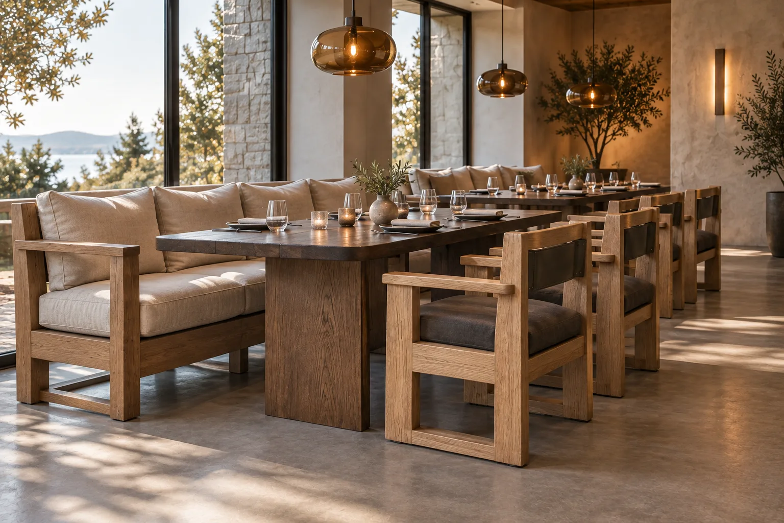 Straight modular restaurant dining sofa with oatmeal cushions on visible oak rails and block feet beside an elongated timber table
