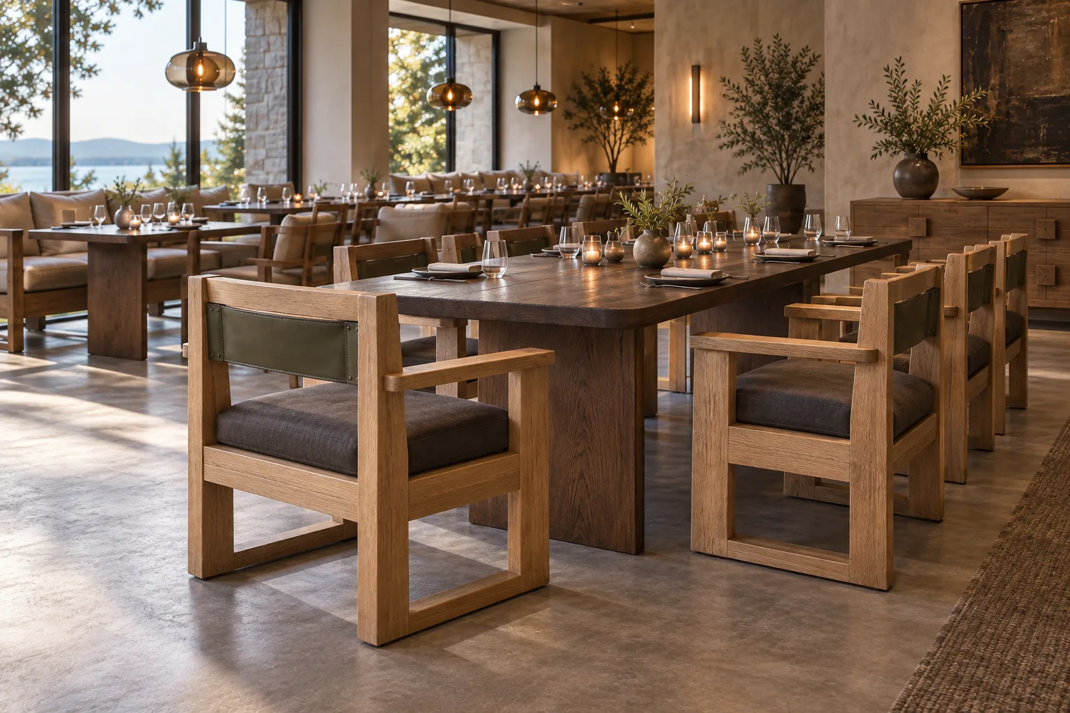 Broad solid oak dining armchairs with open portal backs, olive leather back straps and planar side frames around elongated dark oak blade-leg tables