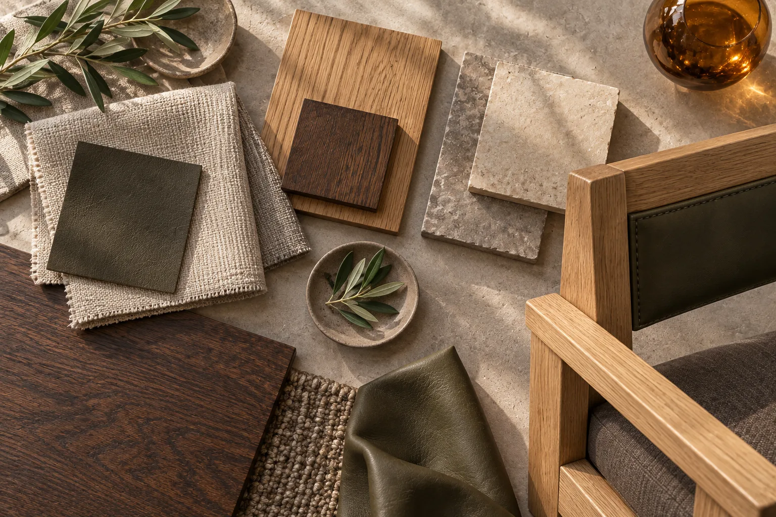 Solid oak · Olive leather · Oatmeal · Amber physical material sample concept board