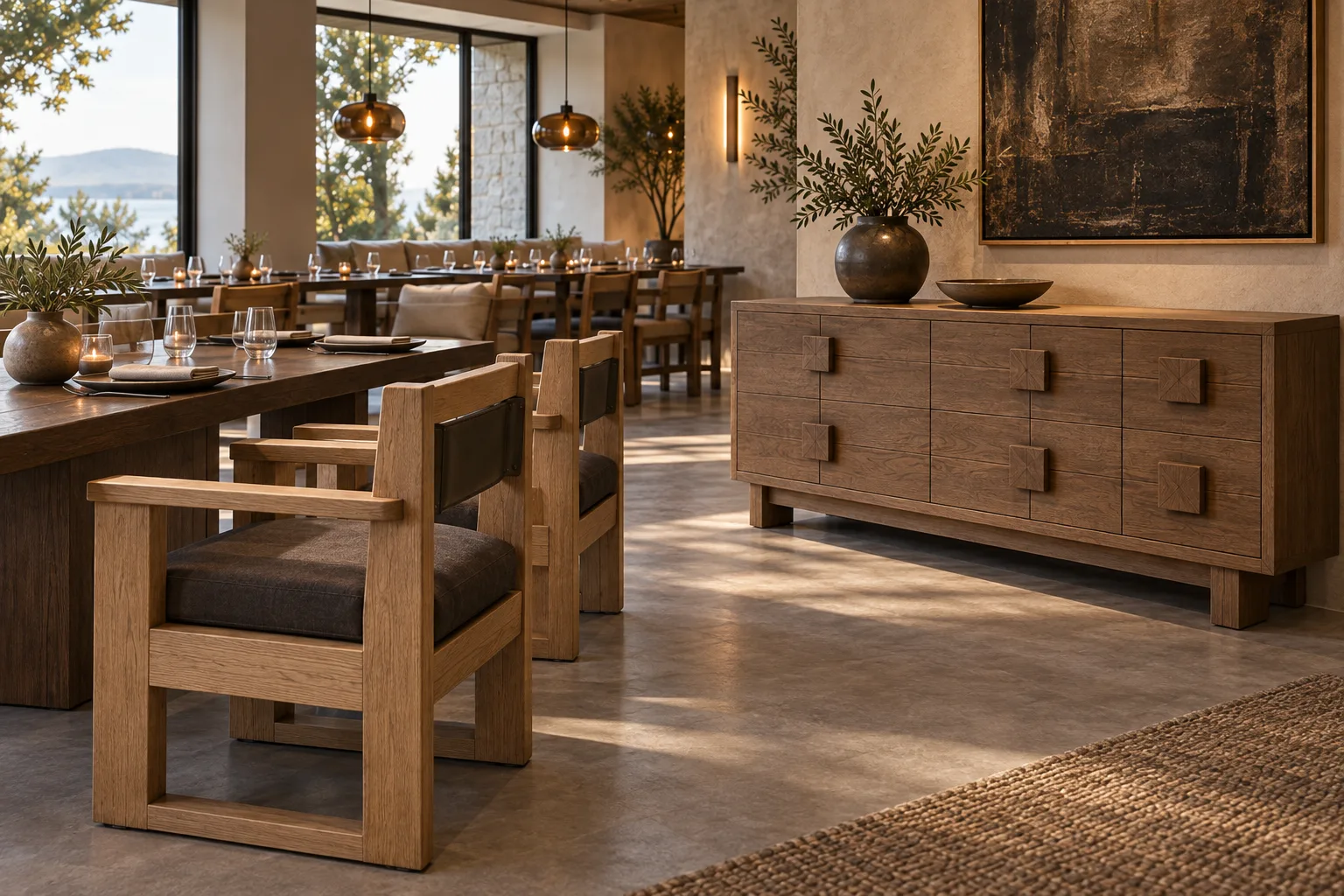 Low wide oak restaurant credenza with smooth fronts and large square timber drawer pulls