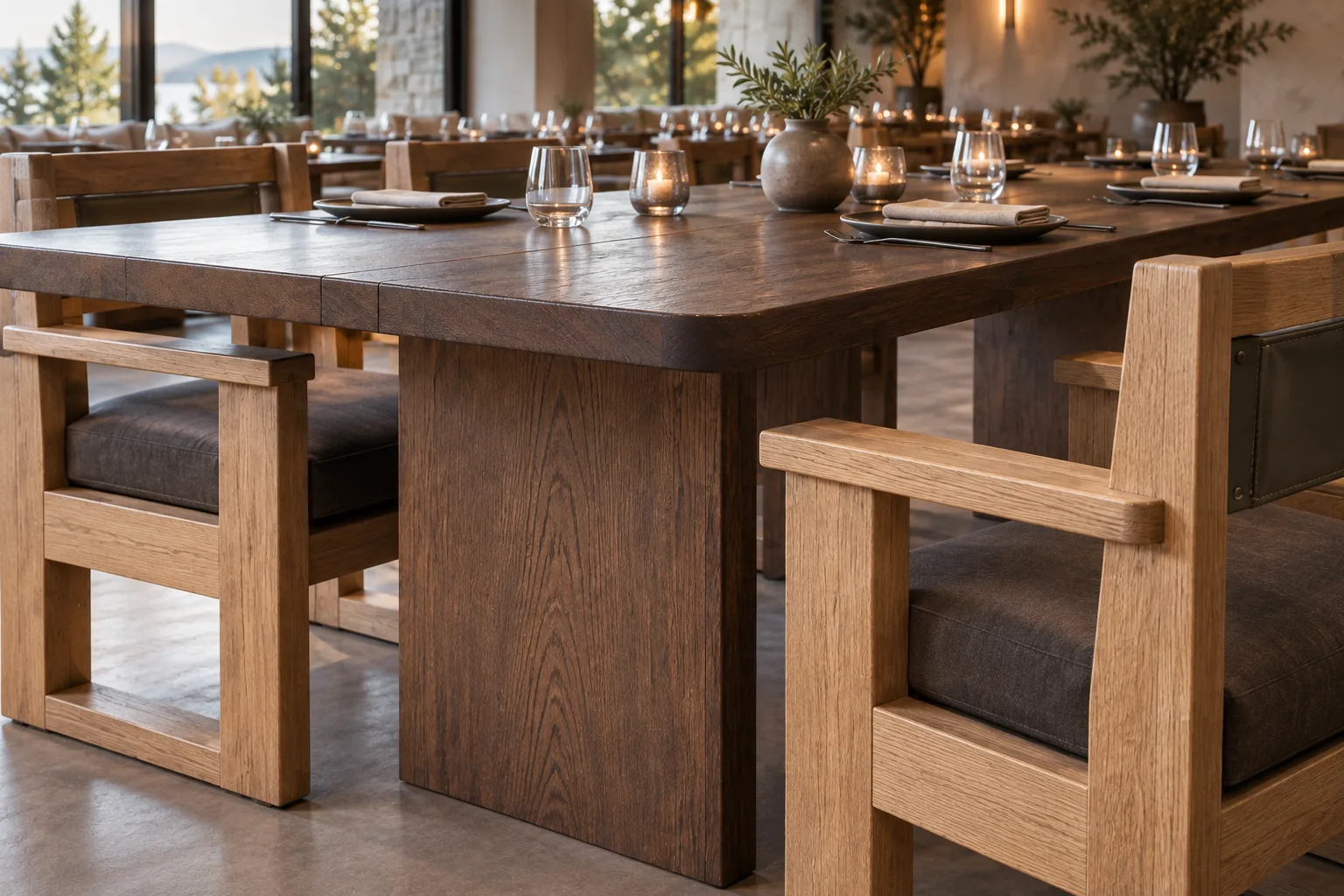 Detail of an elongated dark oak restaurant tabletop on two broad inset flat blade supports