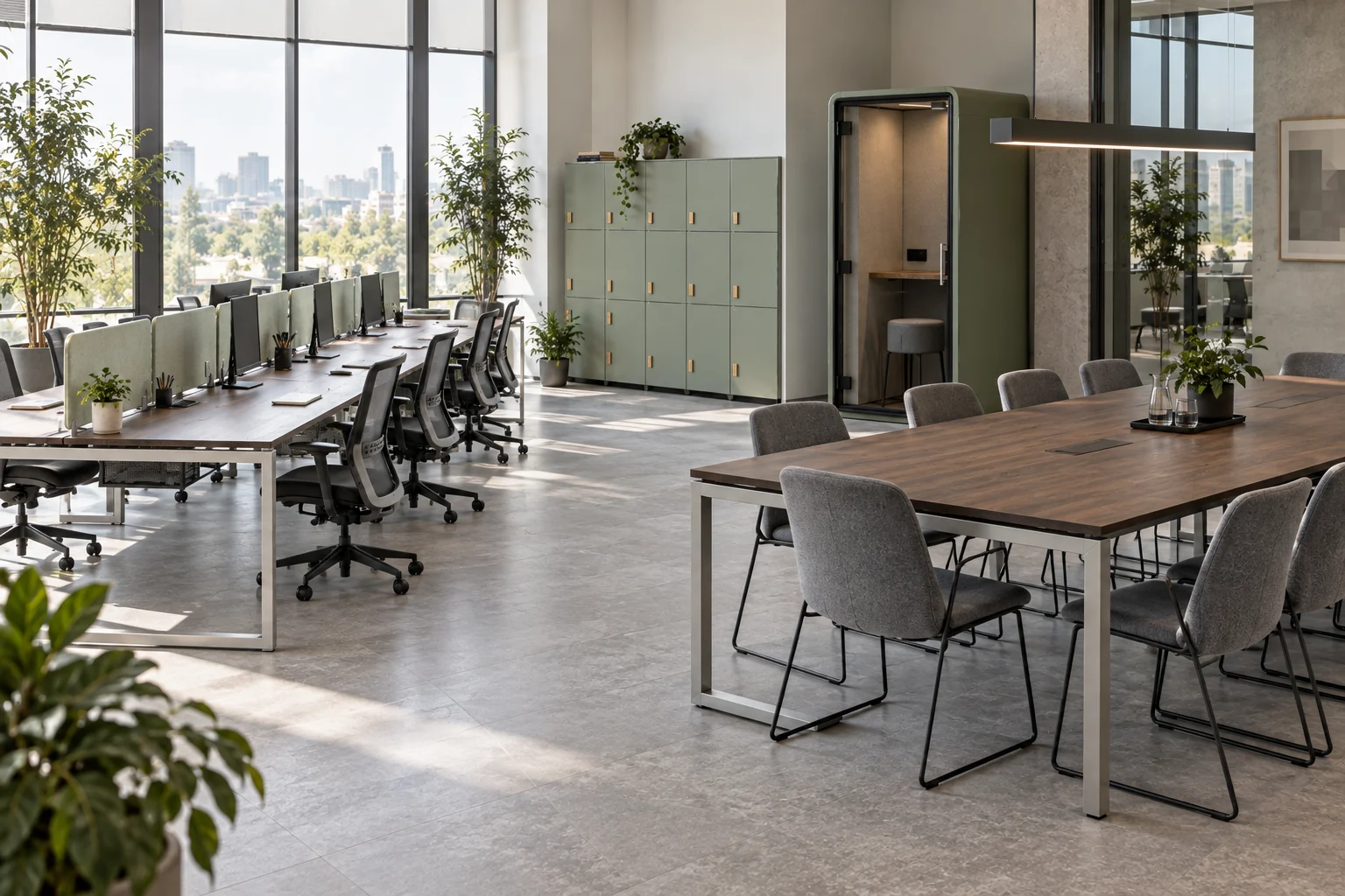 Coworking office view linking bench desks, meeting furniture and personal storage