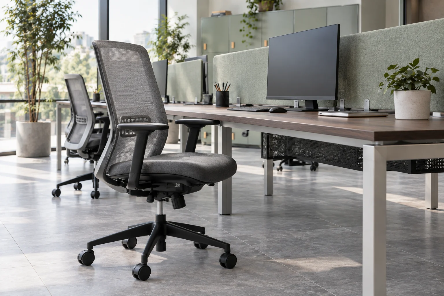 Grey mesh task chair beside a smoked-oak shared desk with an aluminium portal leg