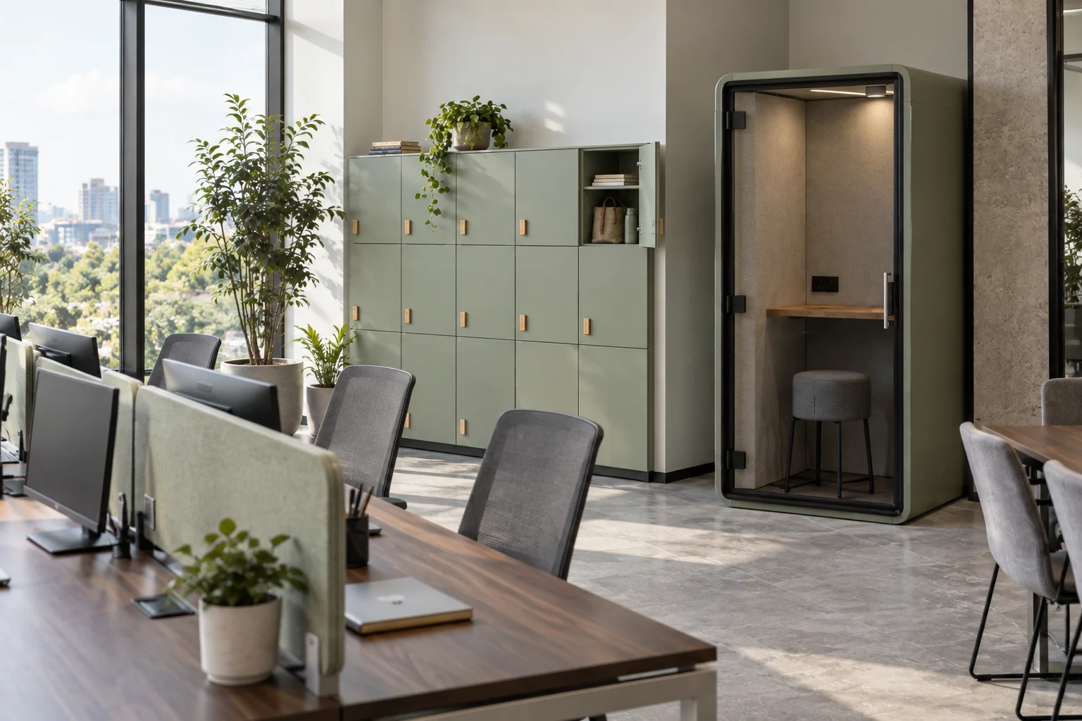 Sage office locker doors with oak pulls and an open storage compartment