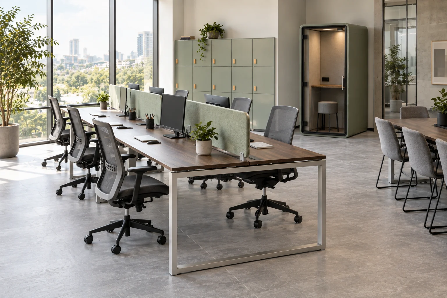 Smoked-oak shared bench desks on aluminium portal legs with sage screens and mesh chairs
