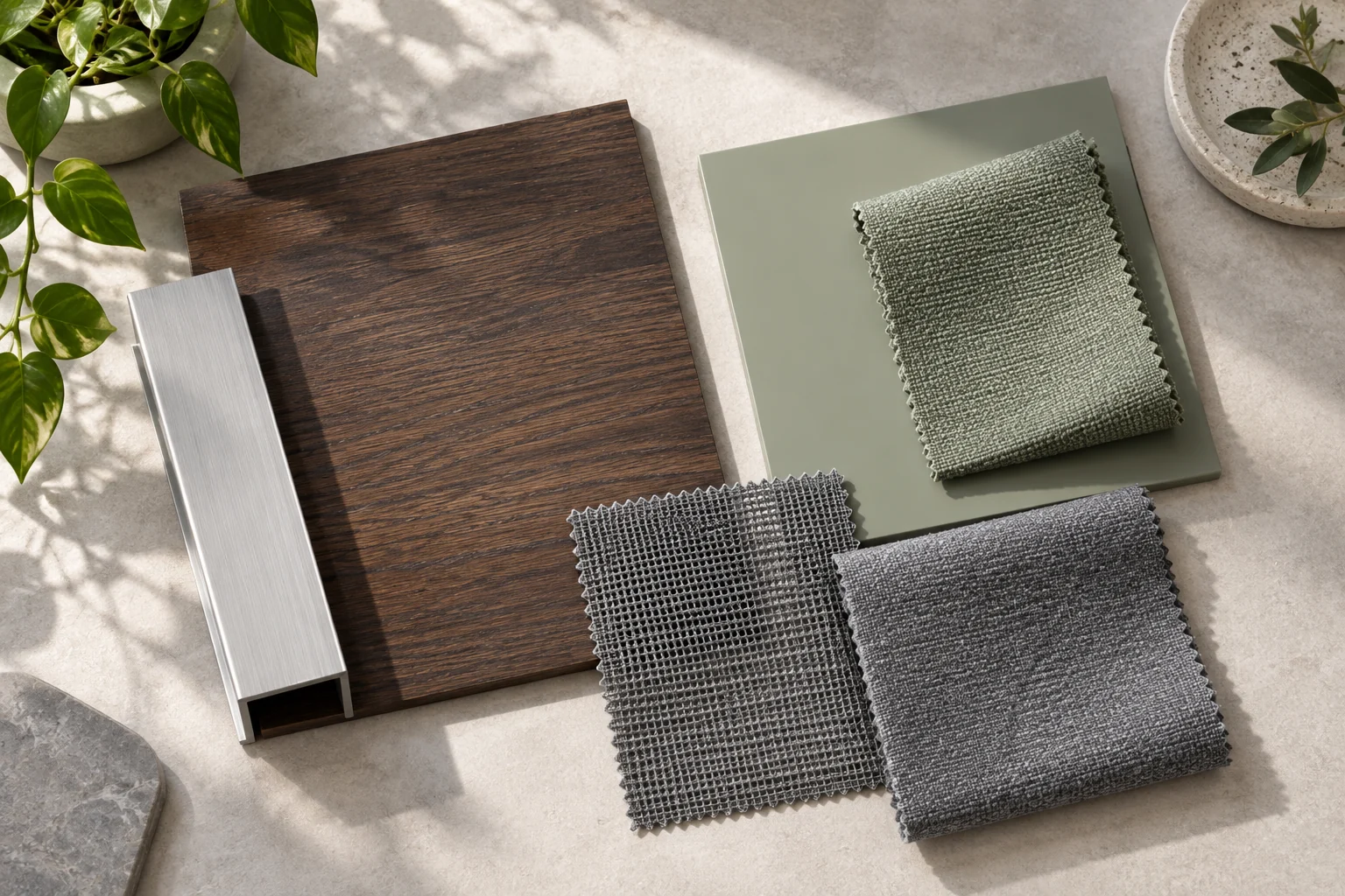 Smoked oak · Brushed aluminium · Sage panels · Grey mesh and fabric physical material sample concept board