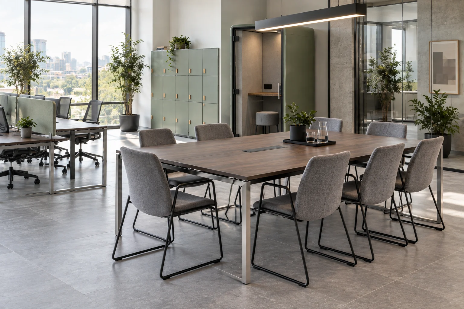 Shared office meeting table with grey upholstered sled-base chairs
