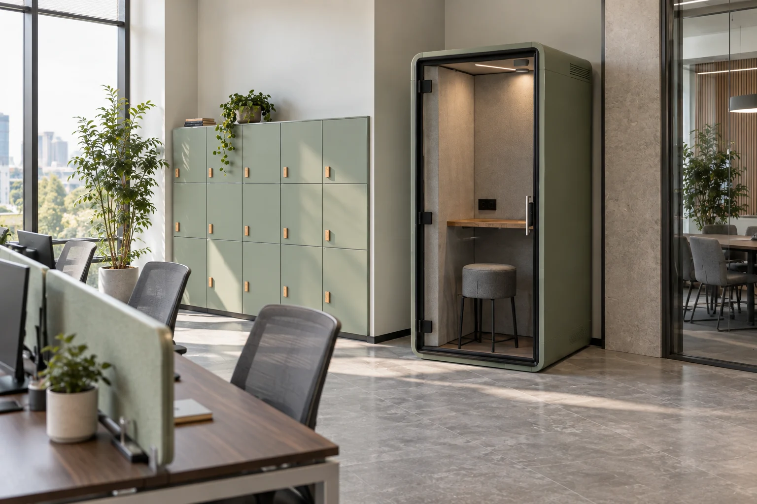Sage personal lockers beside a glazed single-person office call booth
