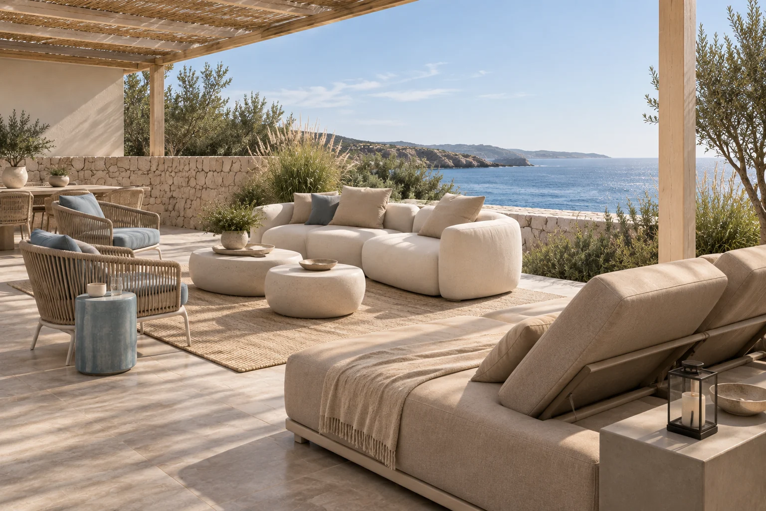 Soft coastal terrace with rounded sofas, rope chairs and a double daybed