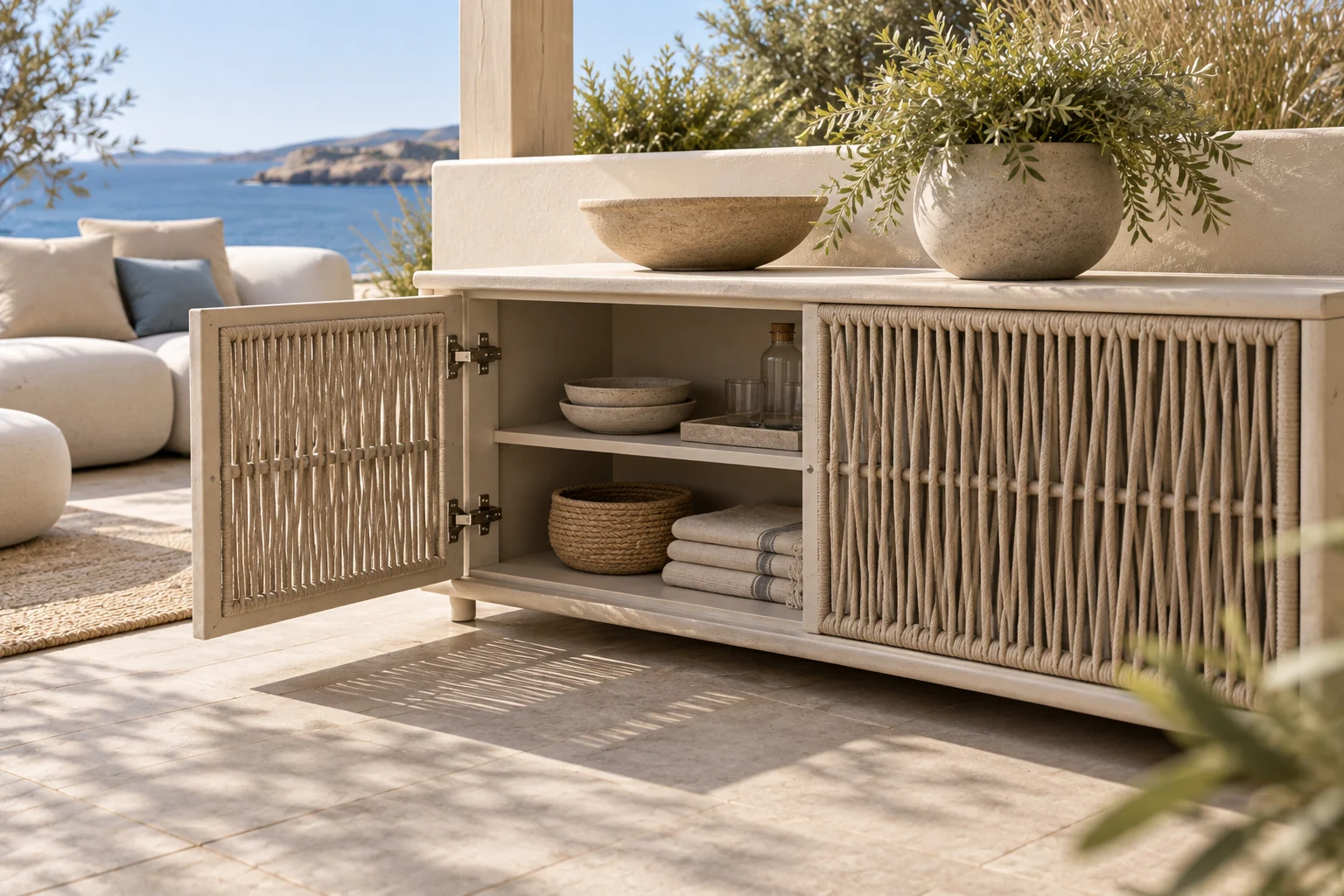 Low outdoor console with open rope doors and cream frame