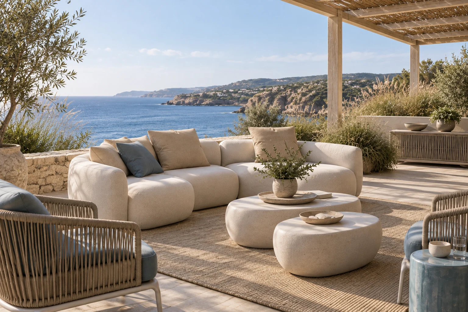 Rounded cream outdoor sofas with sand cushions and an oval ceramic table