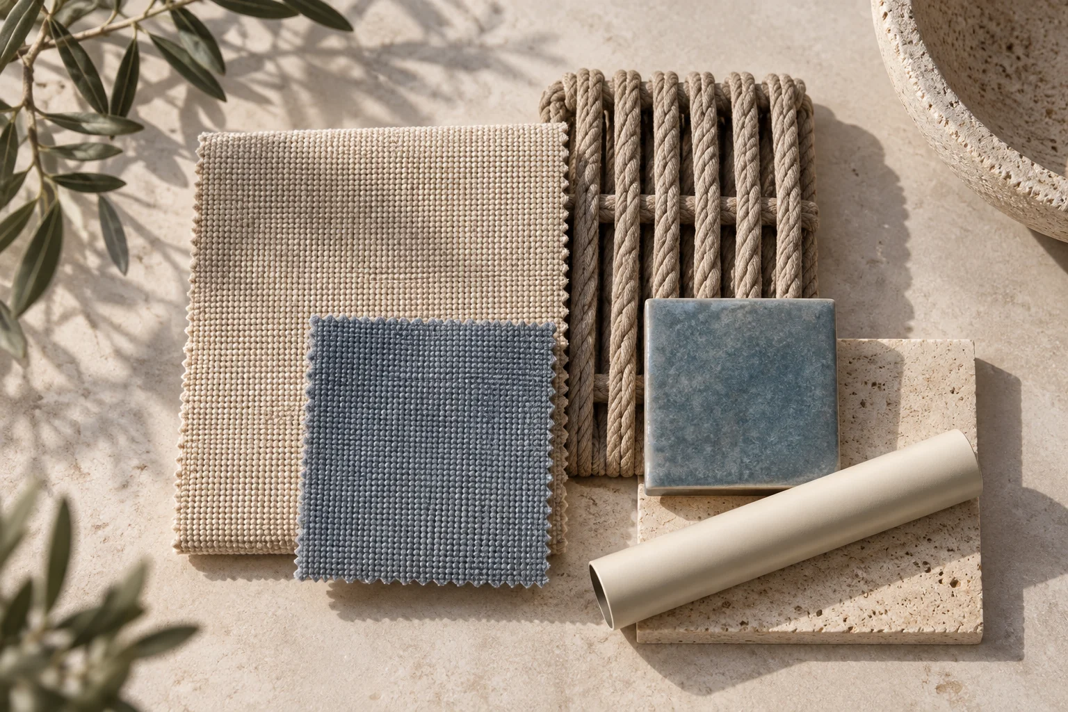 Sand outdoor upholstery · Open oat rope · Blue glazed ceramic · Cream aluminium physical material sample concept board