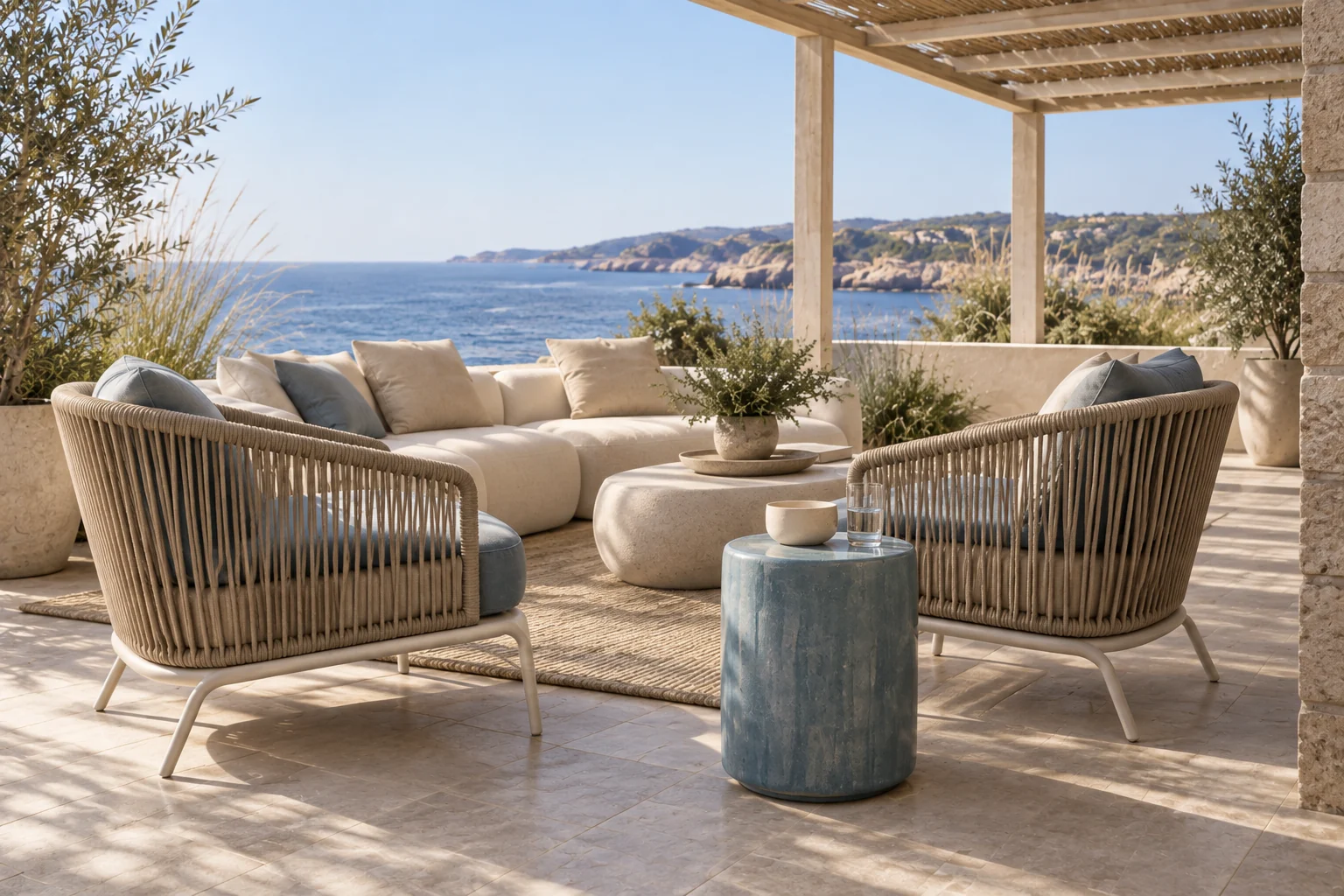 Oat rope outdoor tub chairs with muted blue cushions and ceramic side tables