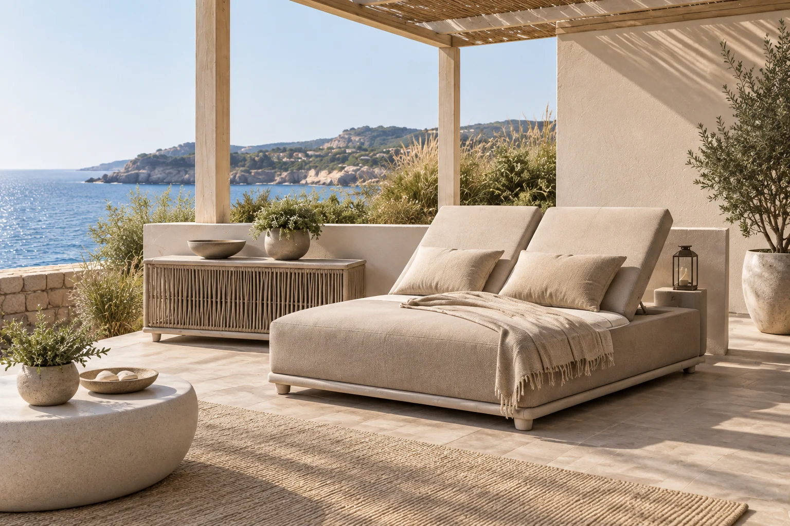 Sand double outdoor daybed and low rope-front console on a shaded terrace