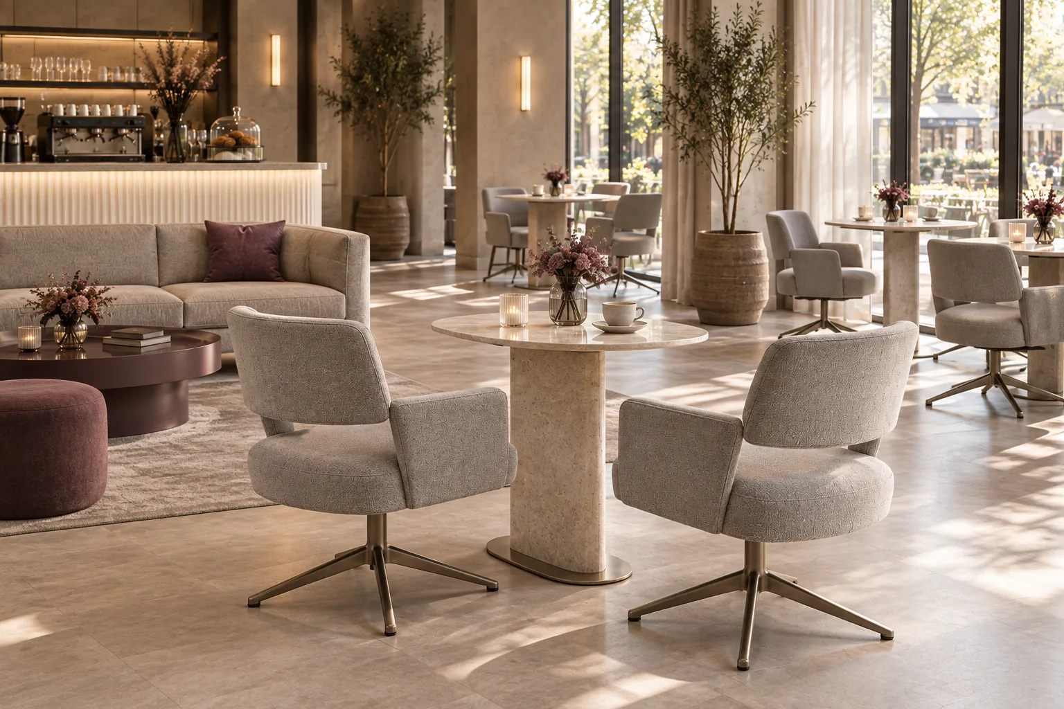 Alternative view of a soft luxury coffee lounge with pearl swivel armchairs, oval stone café tables and a straight sofa