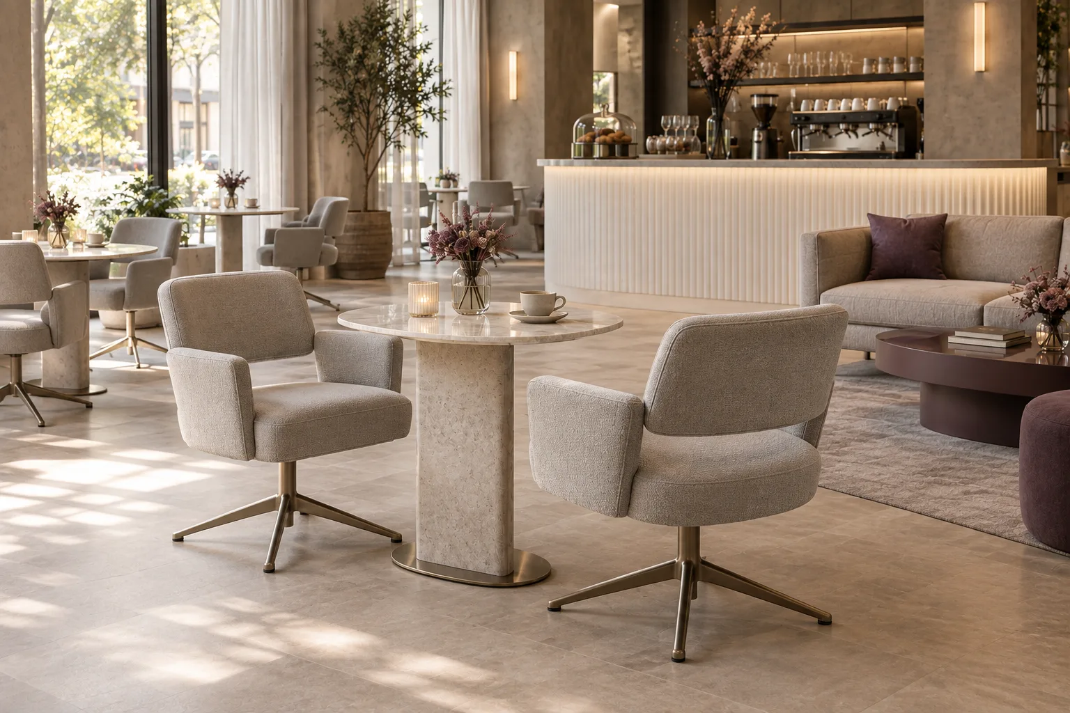 Pearl upholstered café swivel chairs with separate rectangular back panels and short arms on champagne four-spoke bases beside oval ivory stone tables