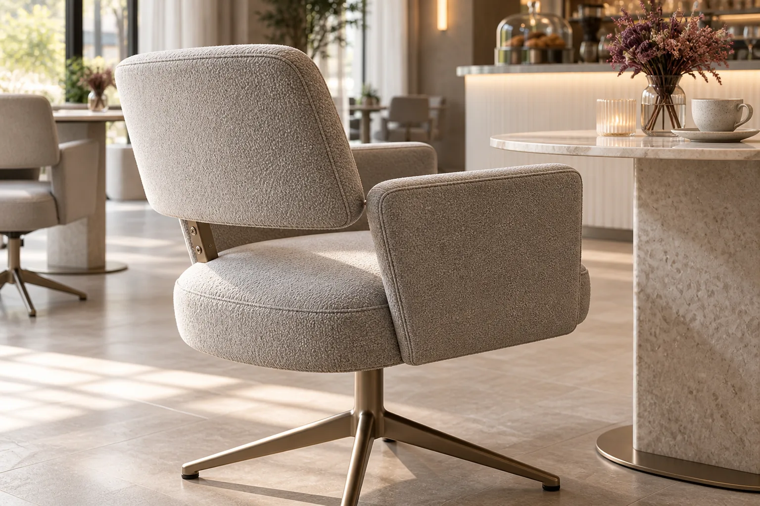 Close view of a pearl upholstered swivel café chair with separate back and arm panels and a champagne four-spoke base