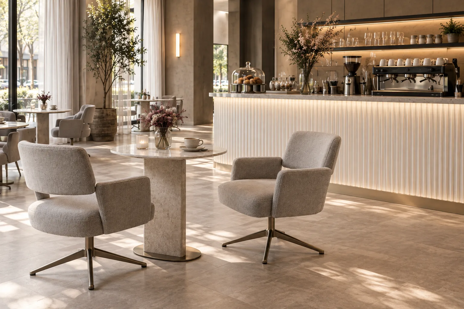 Ivory ribbed glass coffee counter with pale stone top and restrained shelving in a soft luxury café