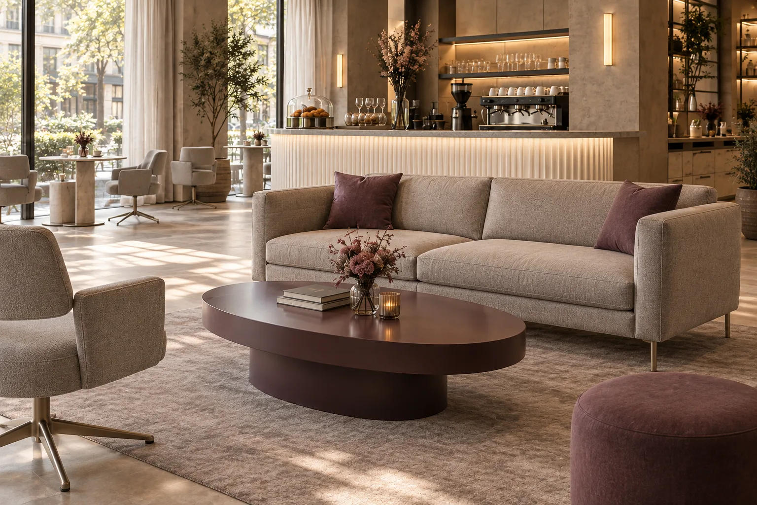 Straight upholstered coffee lounge sofa with separate cushions and slim champagne legs beside a low plum elliptical table