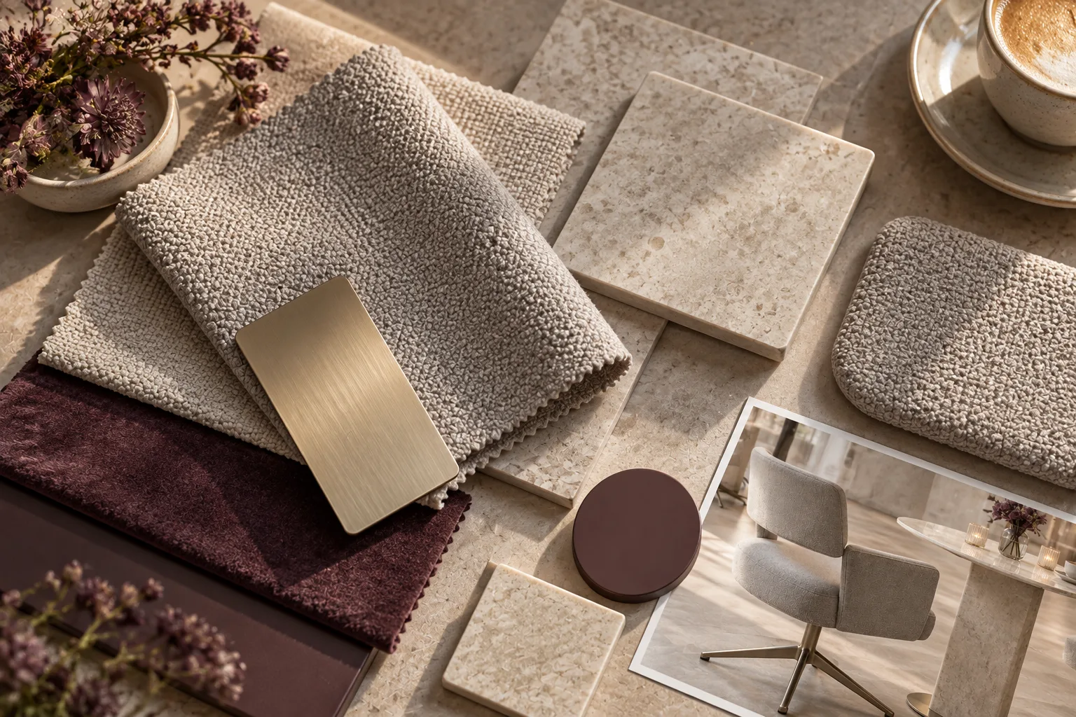 Pearl upholstery · Ivory stone · Champagne · Plum physical material sample concept board