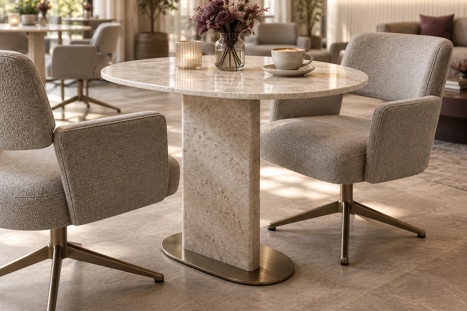 Detail of an oval ivory stone café tabletop above a narrow rounded rectangular stone support and flush metal foot