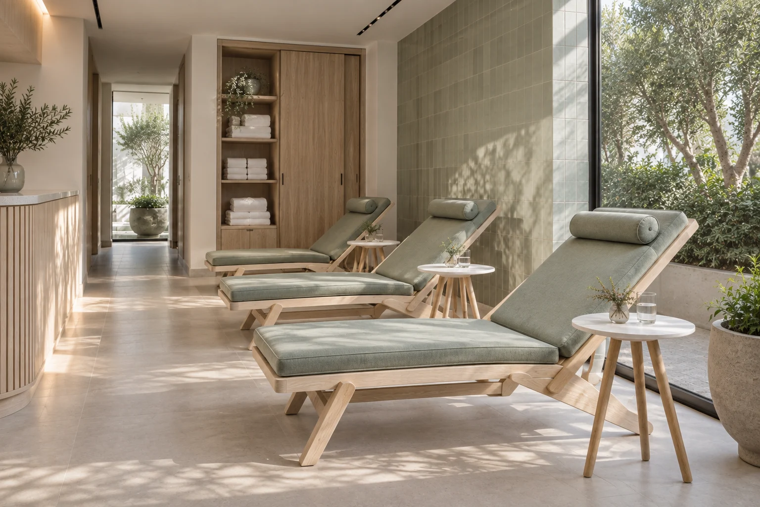 Alternative view of the minimal sage and ash spa lounge