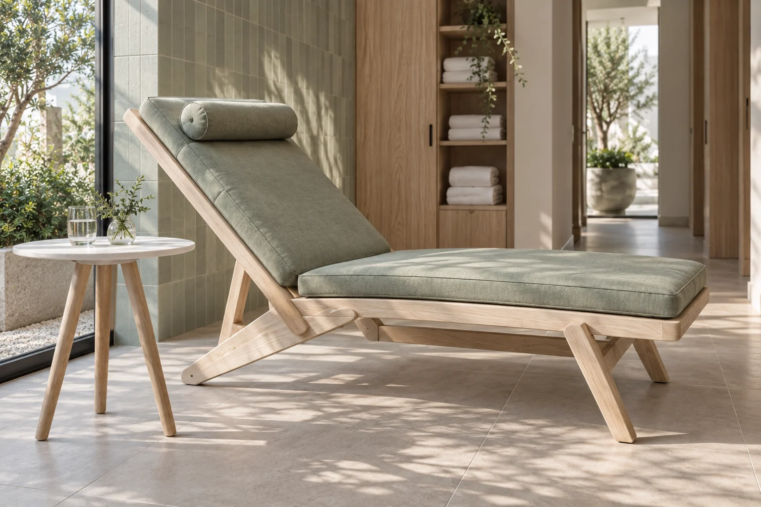 Ash spa recliner frame with separate sage seat and back cushions