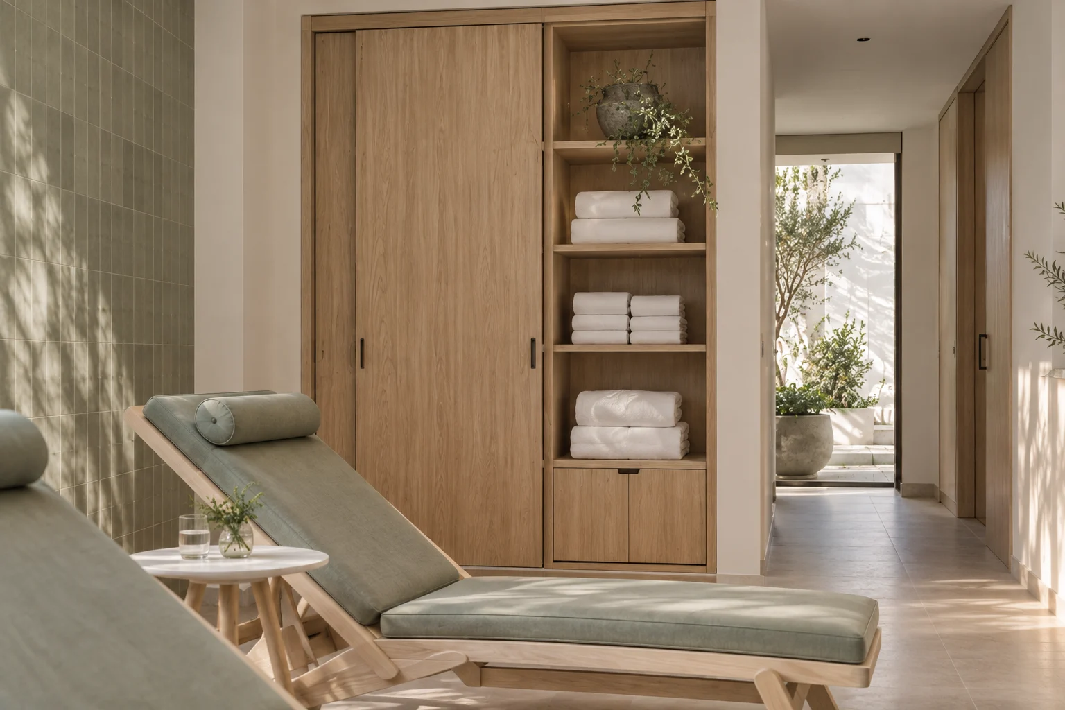 Ash spa storage with sliding doors and towel shelves