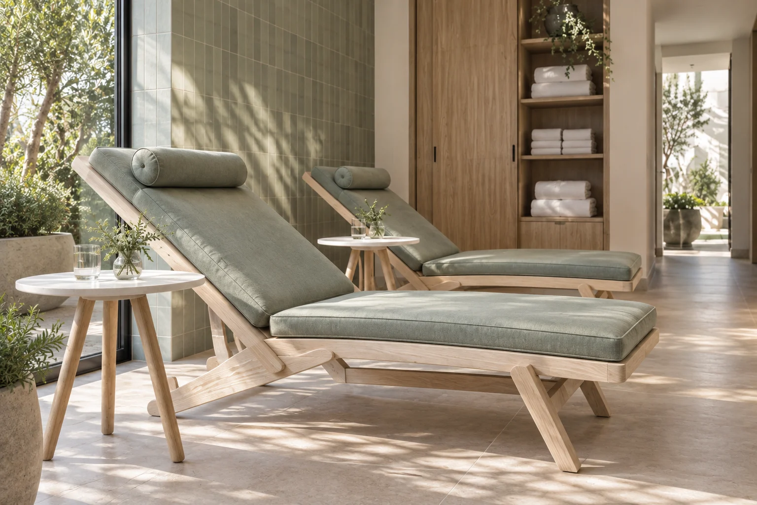 Open ash spa recliners with sage pads and pale side tables