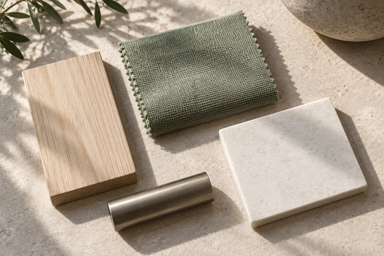 Pale ash · Sage upholstery · Pale solid surface · Muted ceramic physical material sample concept board