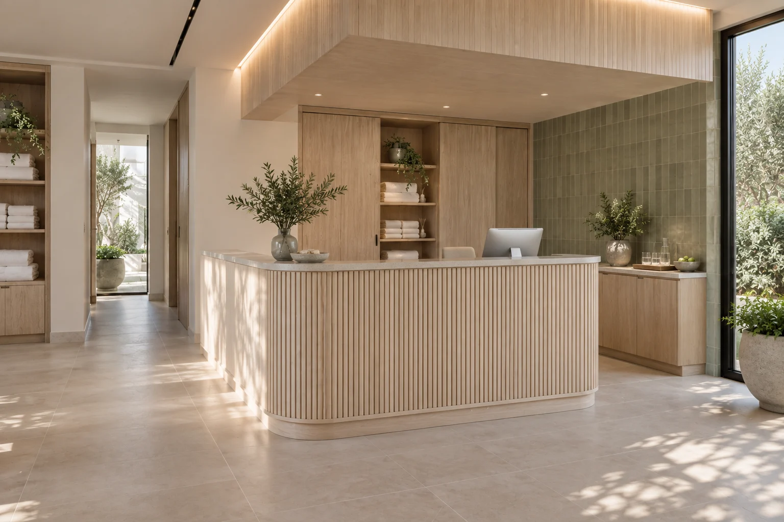 Pale timber spa reception and uncluttered waiting area