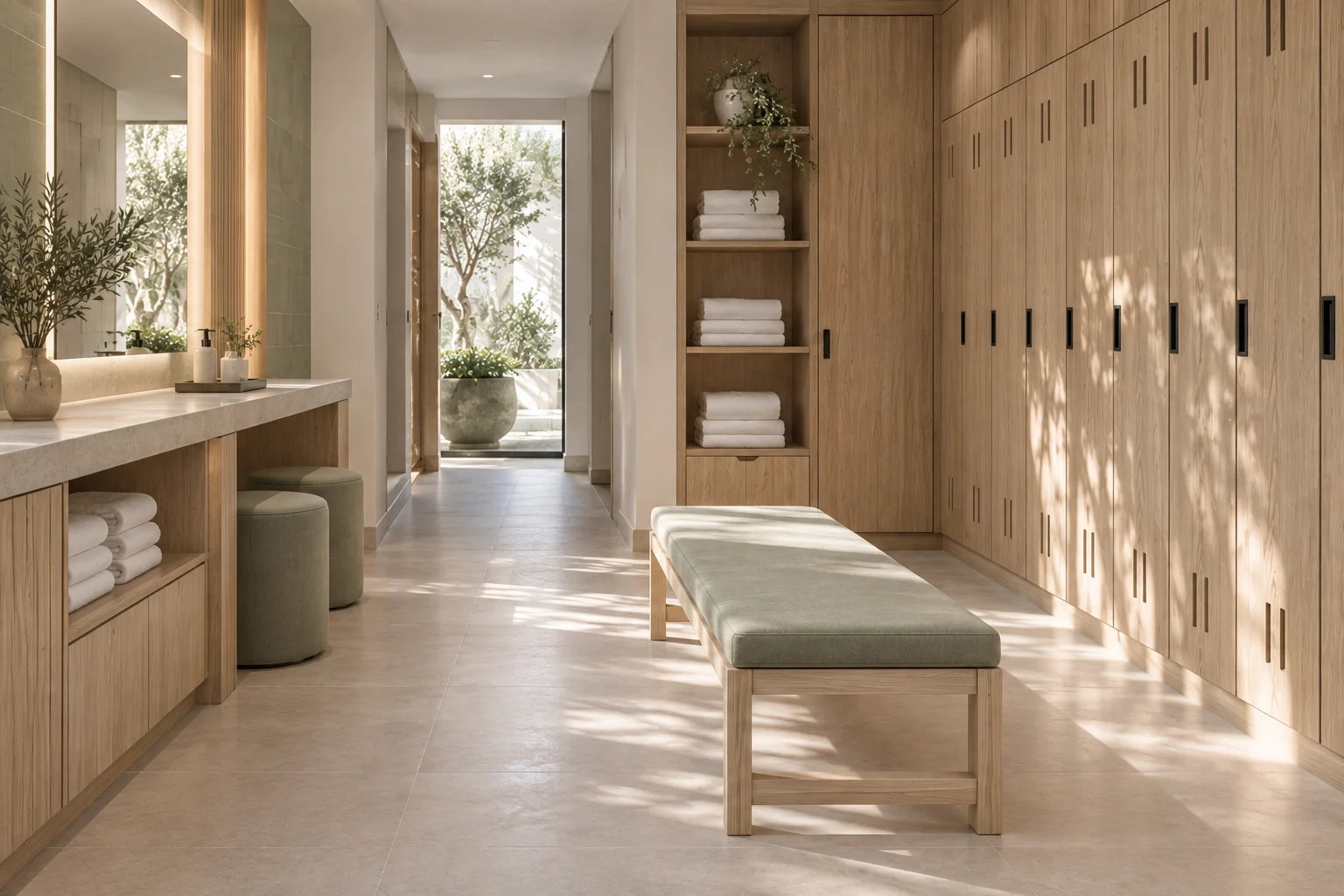 Pale ash changing lockers and a minimal spa bench