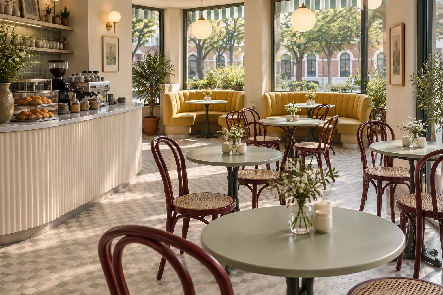 Alternative view of a soft retro café with burgundy loop-back chairs, cane seats, pistachio tables and yellow booths