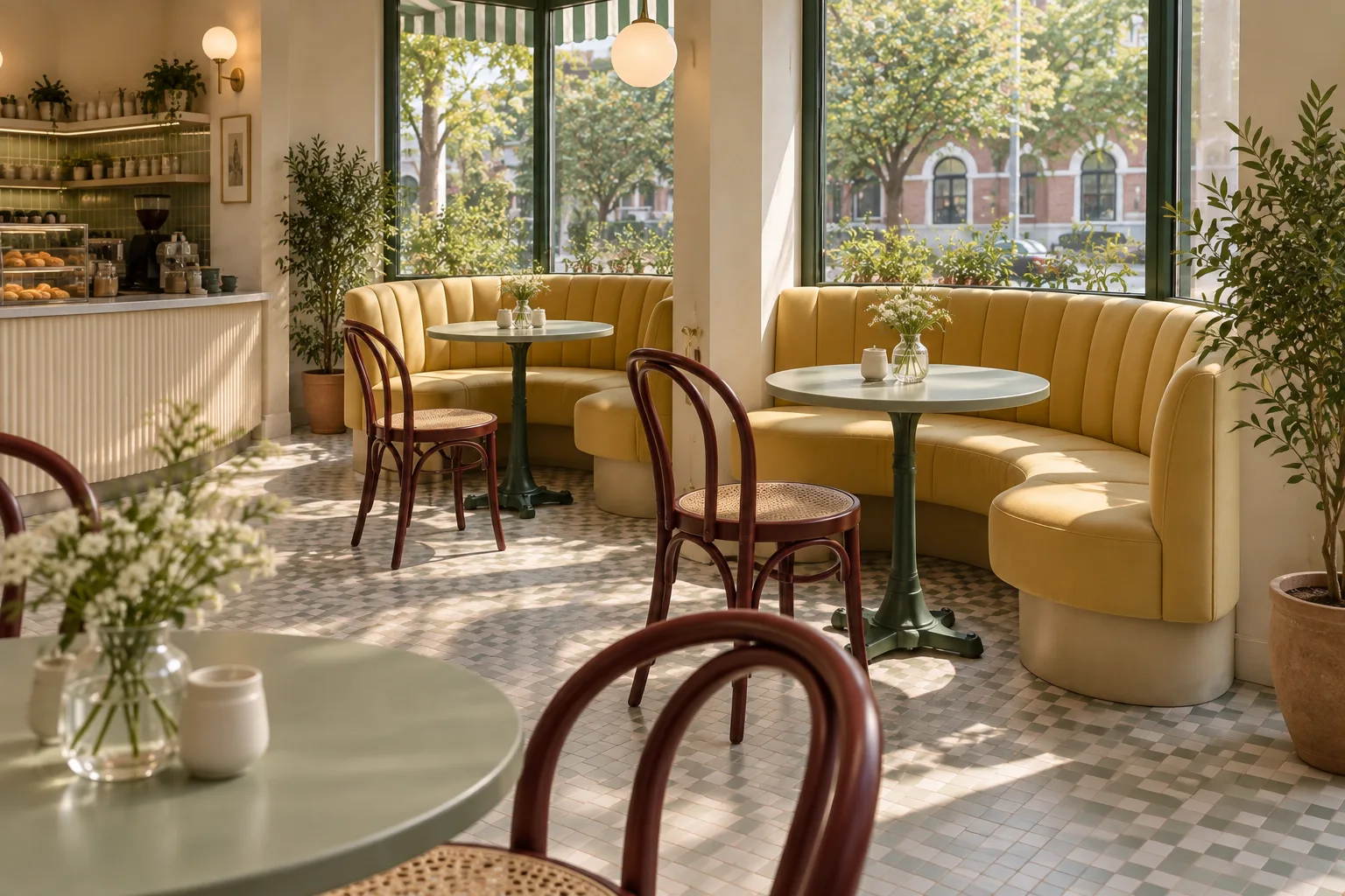 Compact butter-yellow curved café booth beside round pistachio tables and burgundy bentwood chairs
