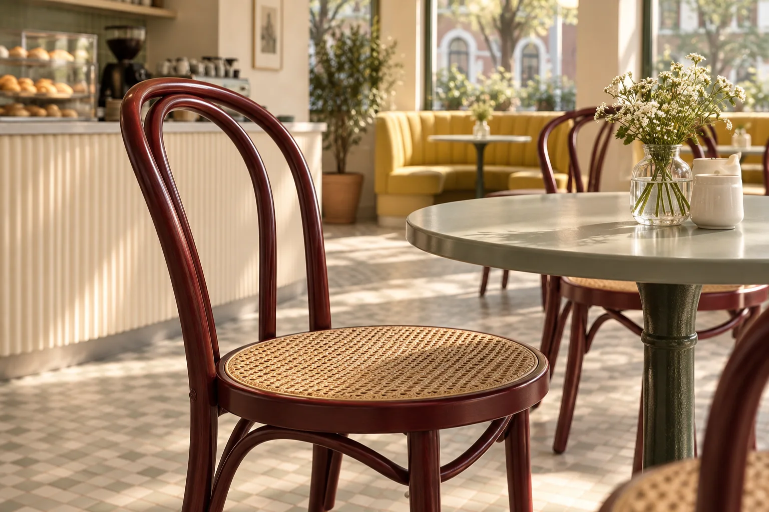 Close view of burgundy bentwood loop-back café chair with round woven cane seat