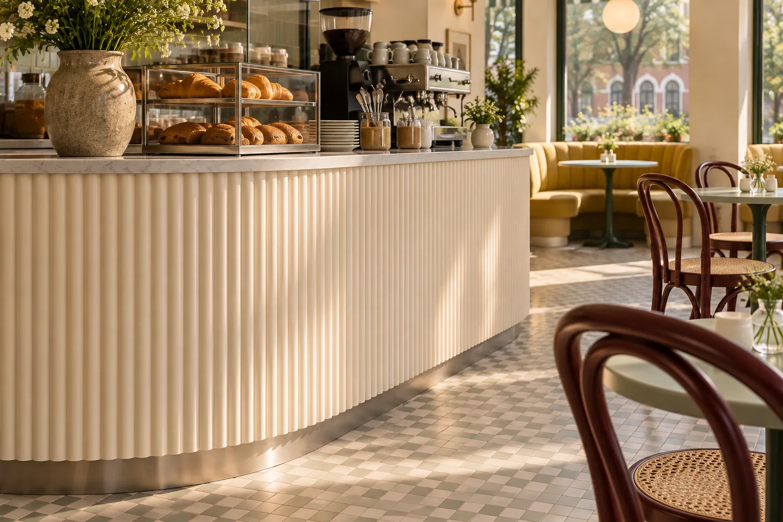 Detail of a cream café counter with narrow fluting and a modest rounded end