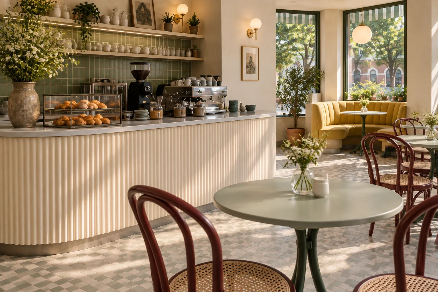 Cream fluted café counter with a rounded corner, pale green tile backdrop and compact coffee equipment