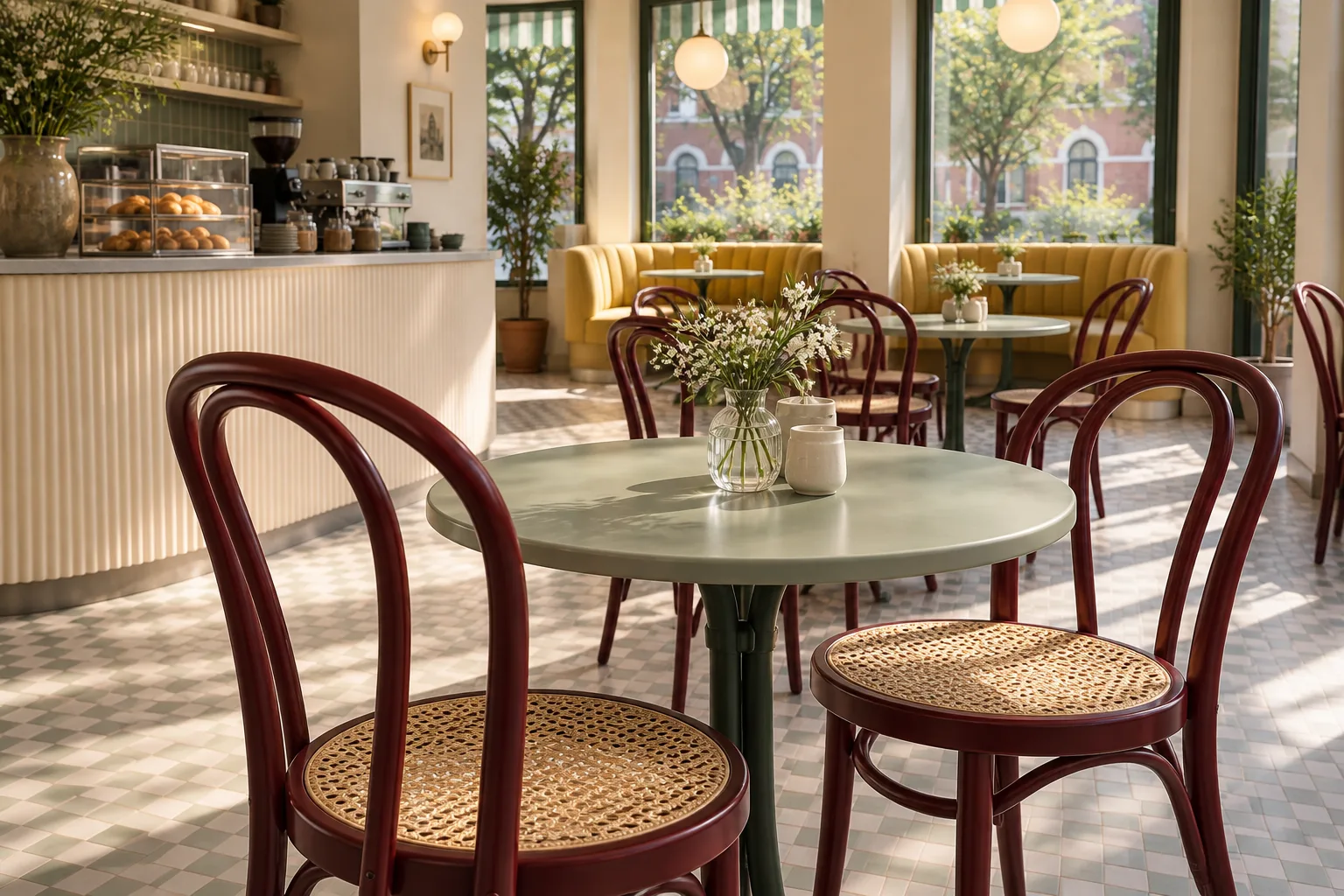 Burgundy bentwood loop-back chairs with round cane seats around pale pistachio café tables