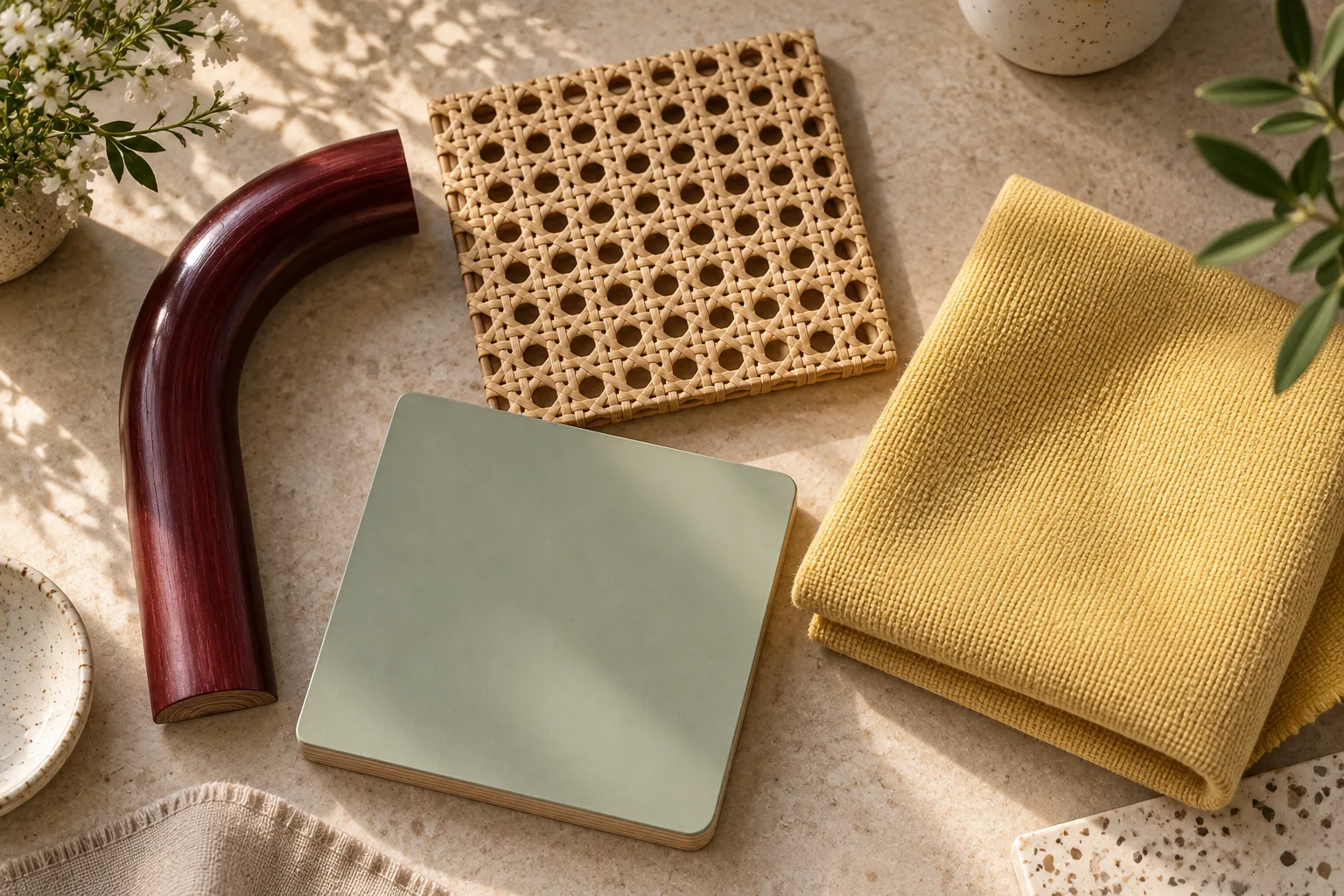 Burgundy bentwood · Cane · Pistachio physical material sample concept board