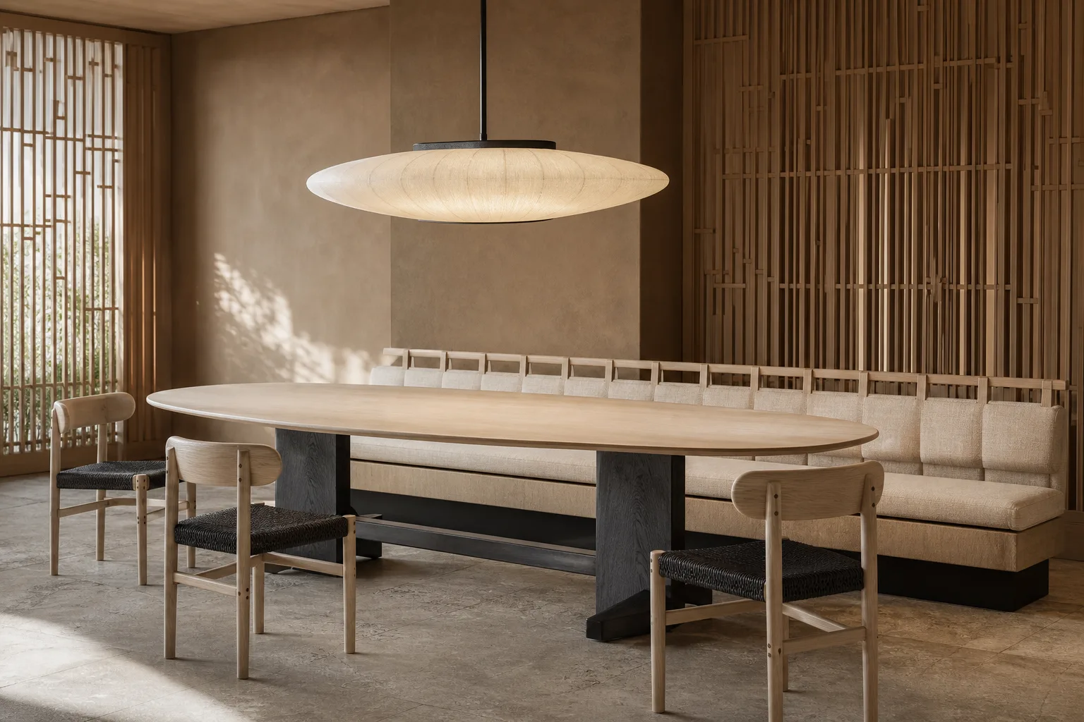 Quiet craft restaurant with pale timber table, linen seating and paper pendants