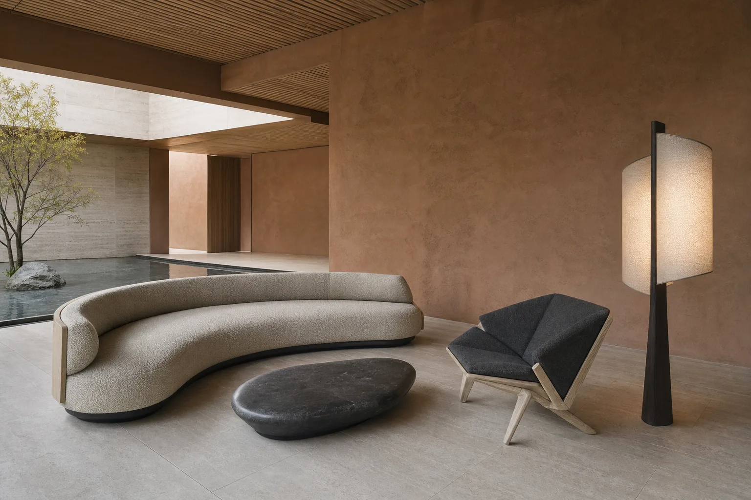 Minimal wellness hotel lobby with low curved sofa, crafted chair and diffuse lighting
