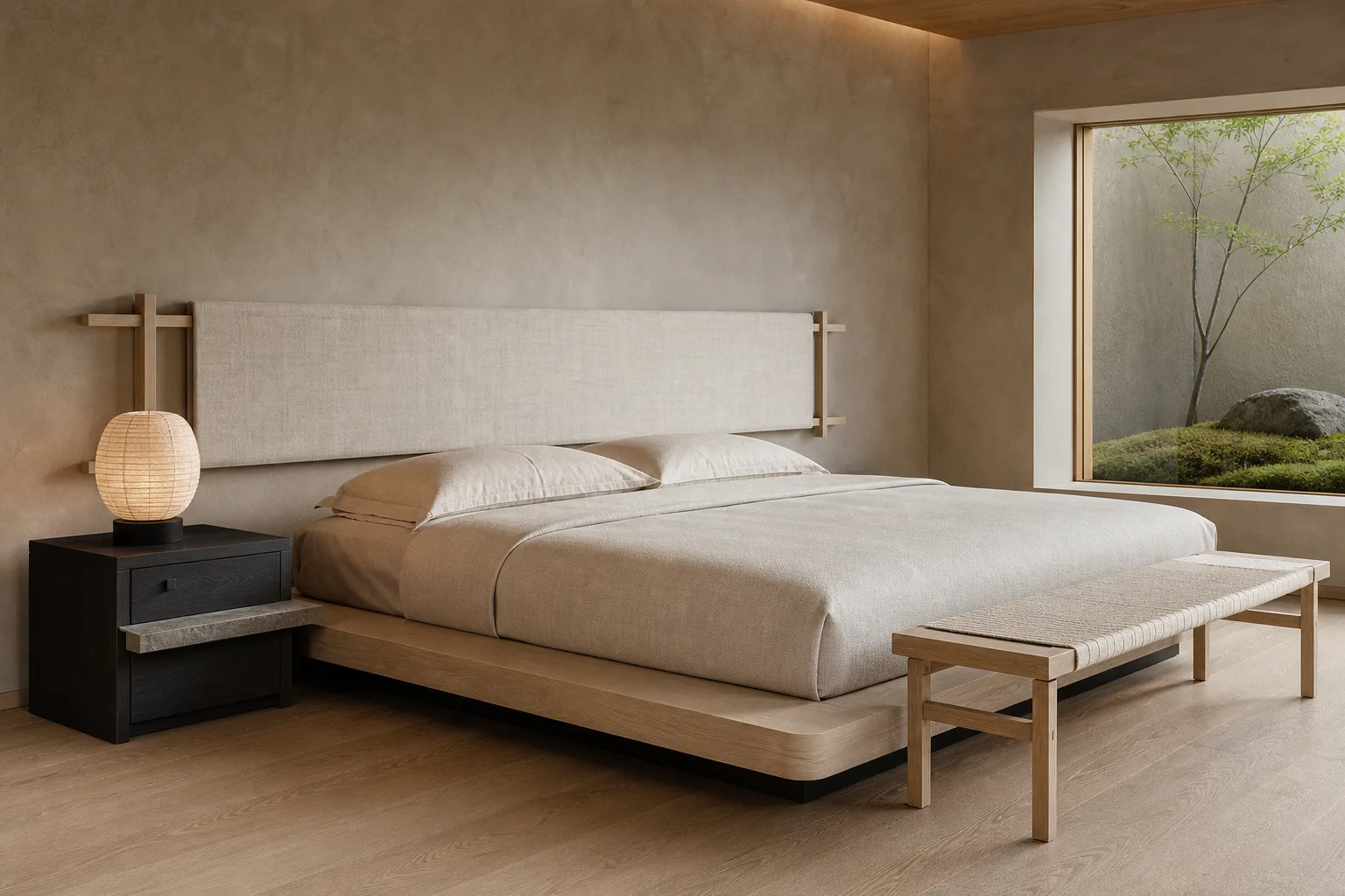 Quiet craft hotel guest room with pale ash bed, paper lamp and woven bench