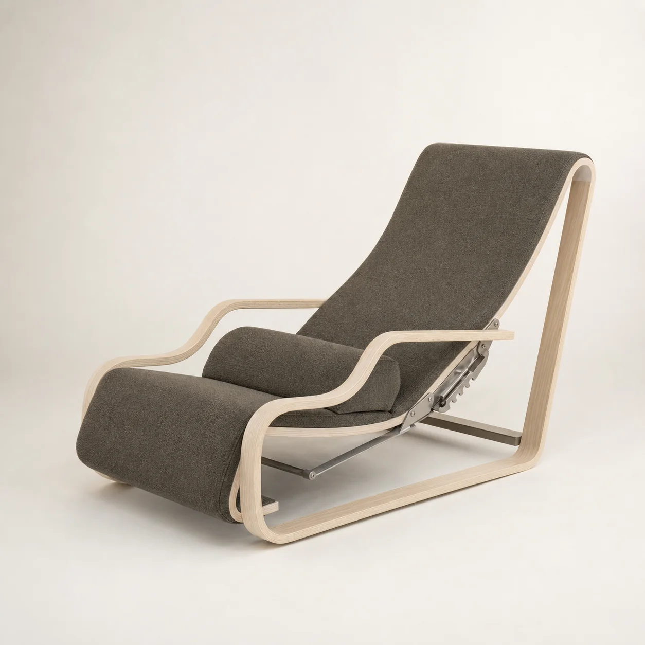 Breath Recliner studio concept visual in pale ash, moss-grey textile